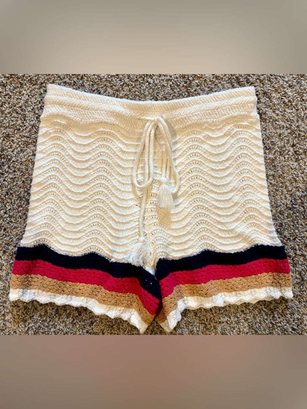 House of Harlow 1960 Cotton Crochet Knit  Drawstring Waist Shorts White Medium